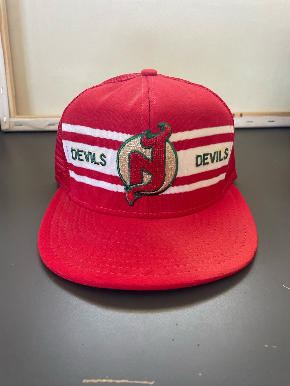 Vintage 80's New Jersey Devils NHL Hockey Red Snapback Hat- AJD Superstripe